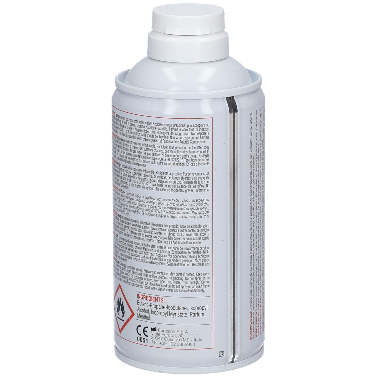 Bomboletta spray bianca con testo e avvertenze. Contiene ingredienti e simboli di pericolo. Retro.