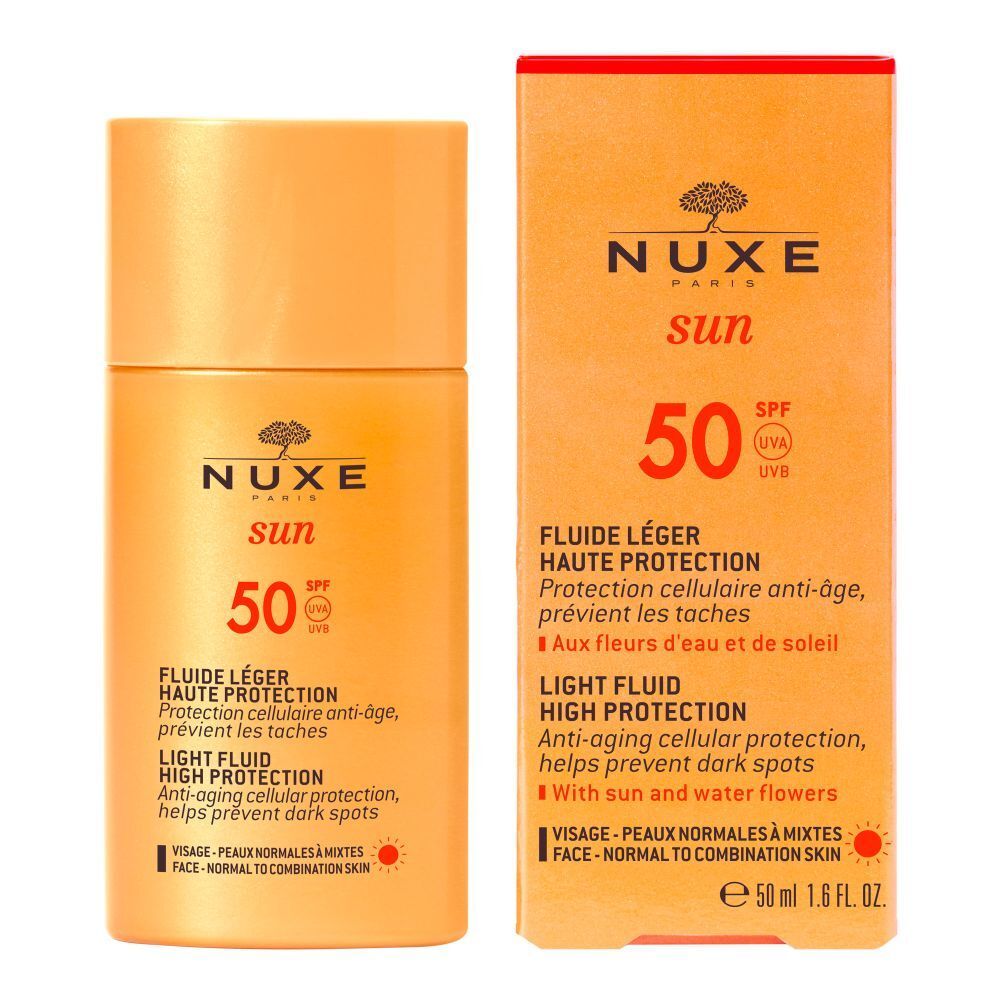 Flacone e scatola beige. Scritta: NUXE Sun, 50 SPF. Testo: Fluide Léger Haute Protection. Con fiori di sole.