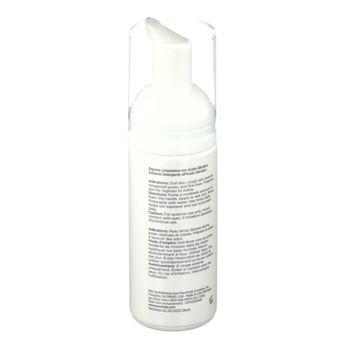 Flacone bianco con pompa. Scritta: NeoStrata, Resurface Foaming Glycolic Wash, 125 ml. Testo.
