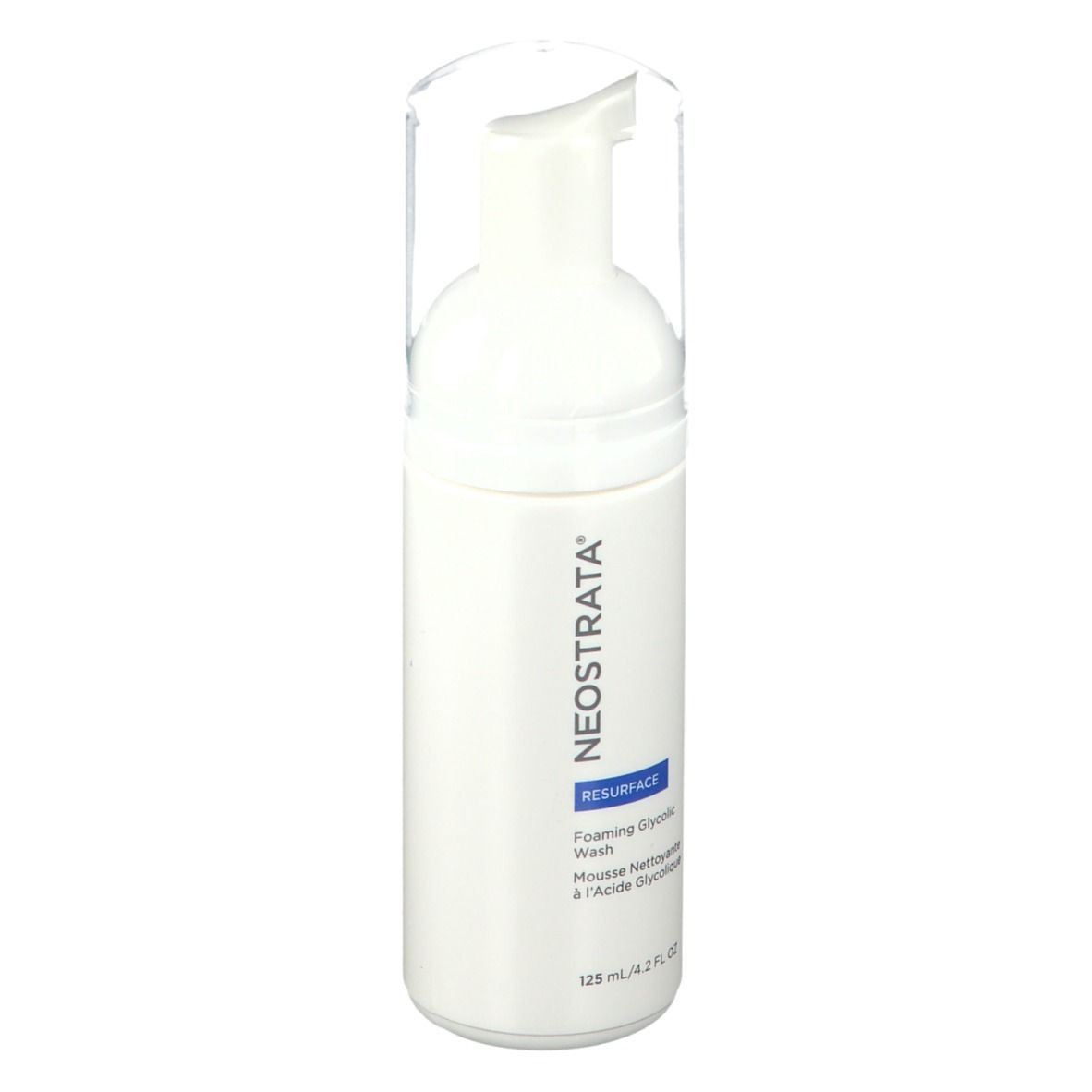 Flacone bianco con pompa. Scritta: NeoStrata, Resurface Foaming Glycolic Wash, 125 ml.