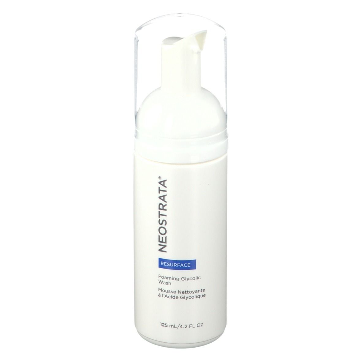 Flacone bianco con pompa. Scritta: NeoStrata, Resurface Foaming Glycolic Wash, 125 ml.