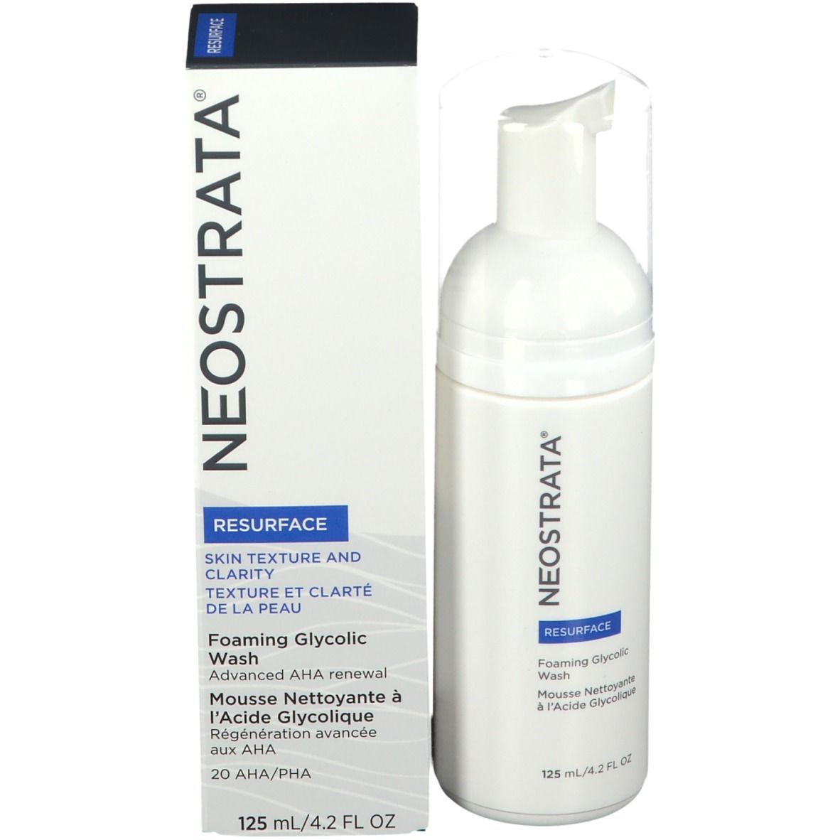 Prodotto e confezione. Scritta: NeoStrata, Resurface, Foaming Glycolic Wash, 125 ml.