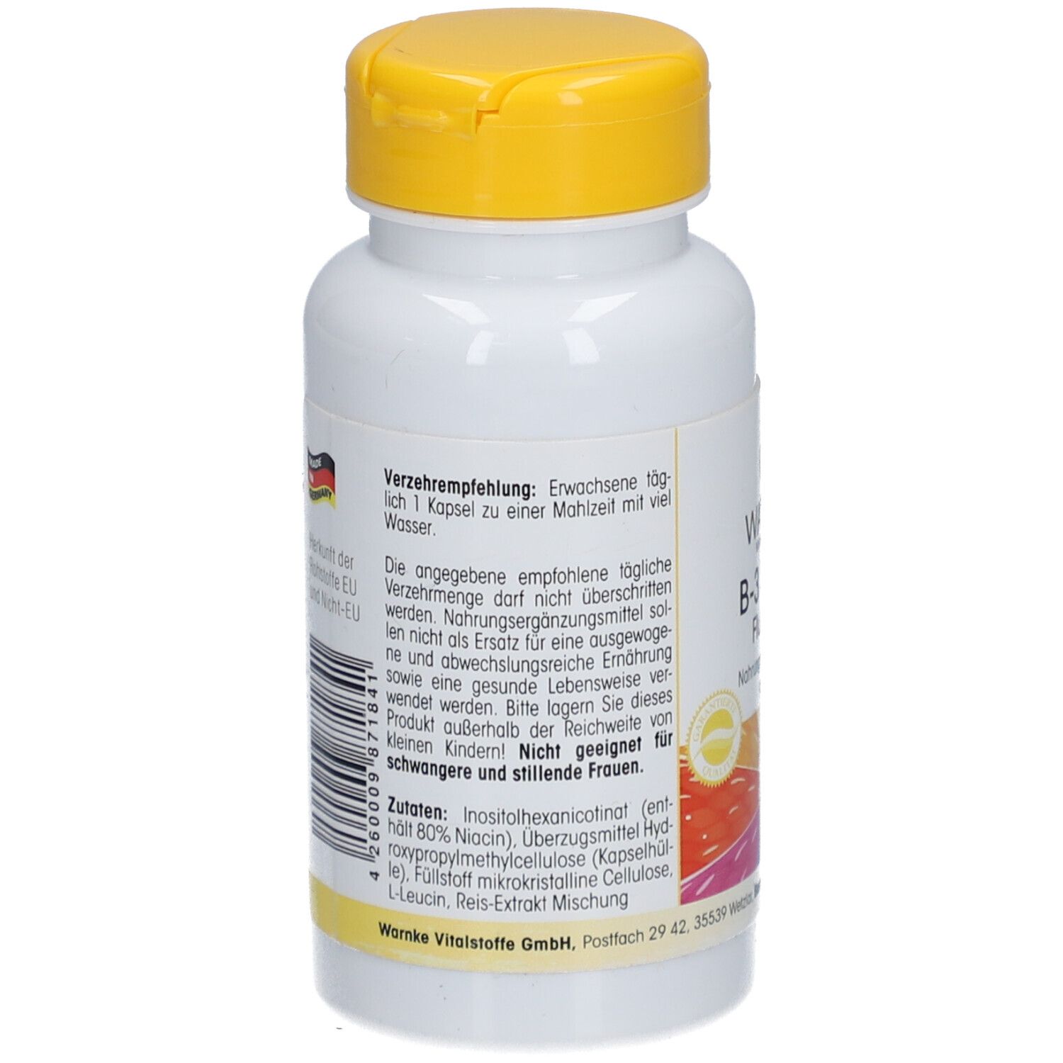 Retro del flacone bianco con tappo giallo. Testo: Raccomandazioni. Ingredienti. Non adatto alle donne incinte.