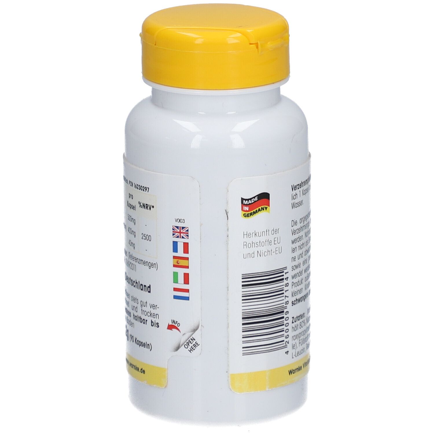 Flacone bianco con tappo giallo. Testo: Origine materie prime UE ed extra UE. Prodotto in Germania. Codice a barre.
