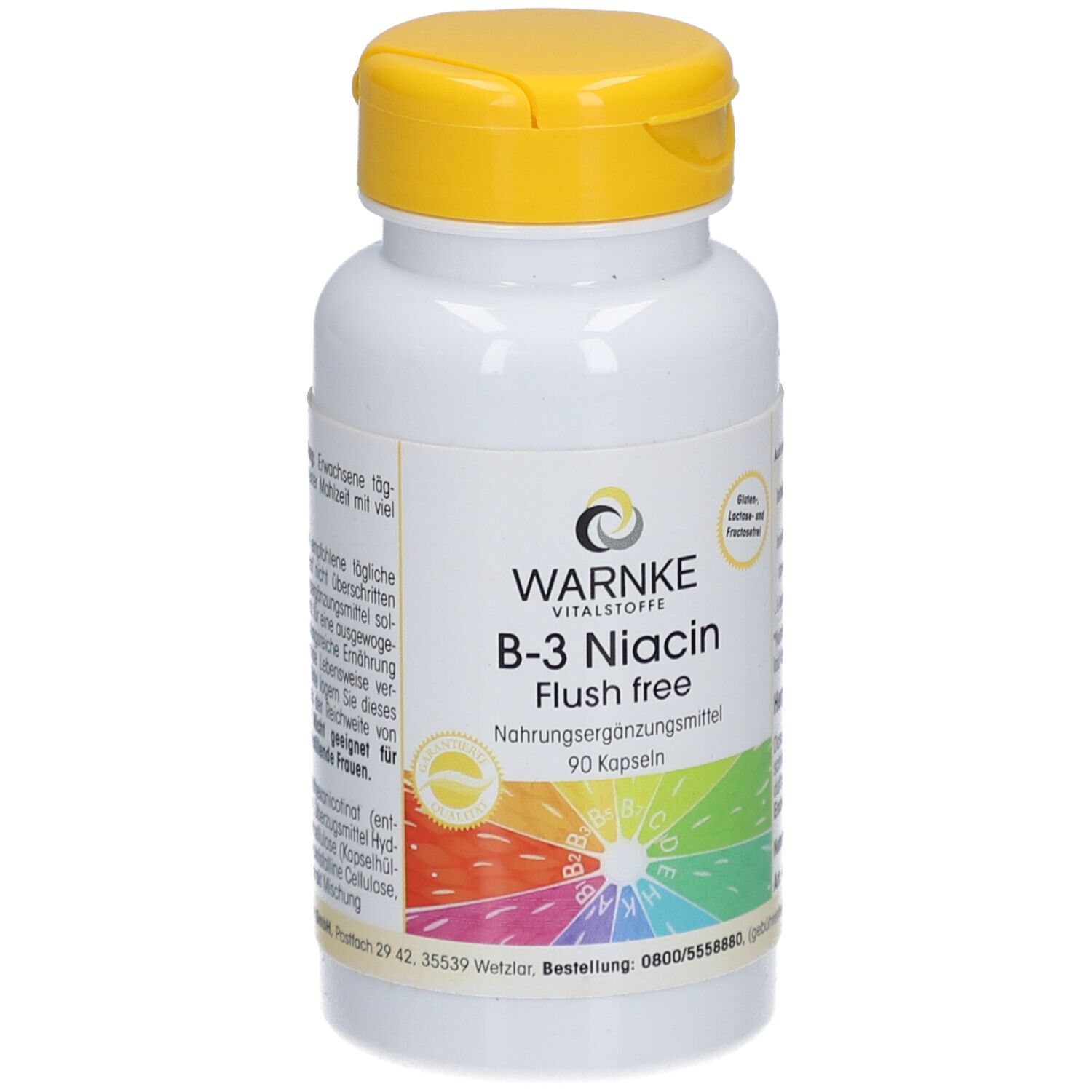 Flacone bianco con tappo giallo. Scritta: WARNKE B-3 Niacin Flush free. 90 capsule. Arcobaleno colorato.