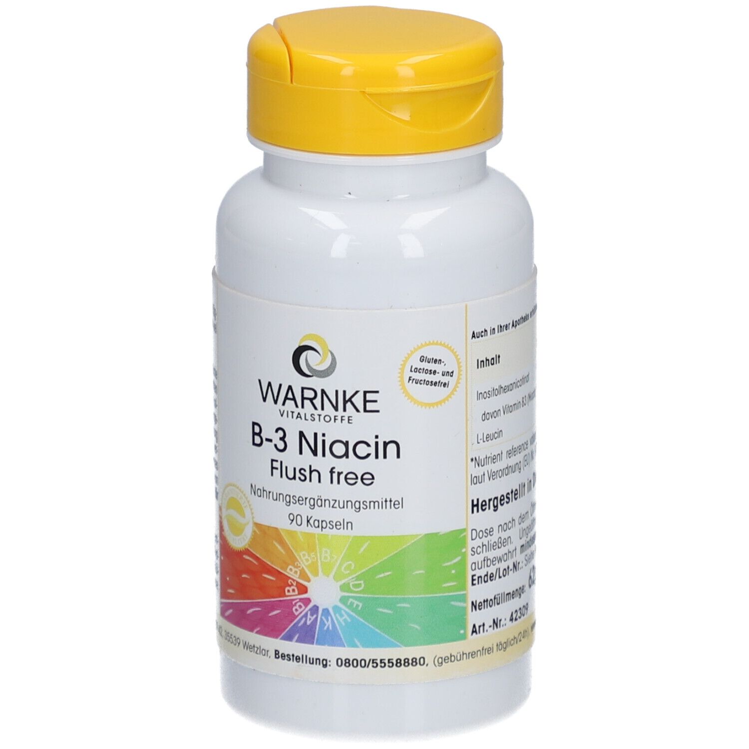 Flacone bianco con tappo giallo. Scritta: WARNKE B-3 Niacin Flush free. 90 capsule. Arcobaleno colorato.