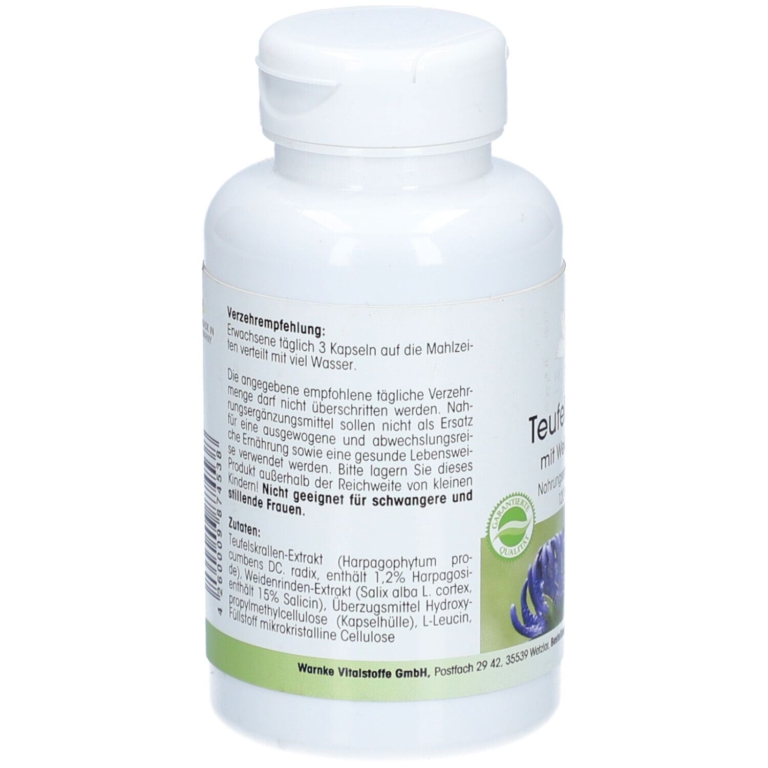 Retro del flacone. Testo: Raccomandazioni per l'uso. Ingredienti: Estratto di artiglio del diavolo, estratto di corteccia di salice. Non per donne incinte.