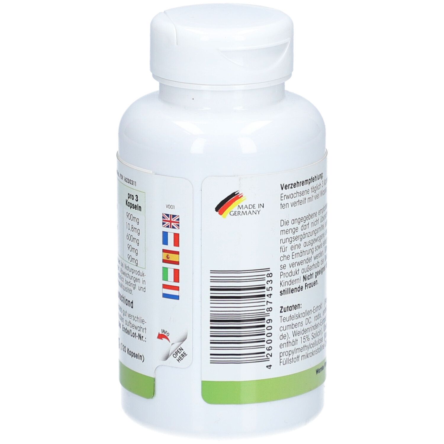 Retro del flacone. Testo: Raccomandazioni per l'uso. Made in Germany. Codice a barre. Etichettatura multilingue.