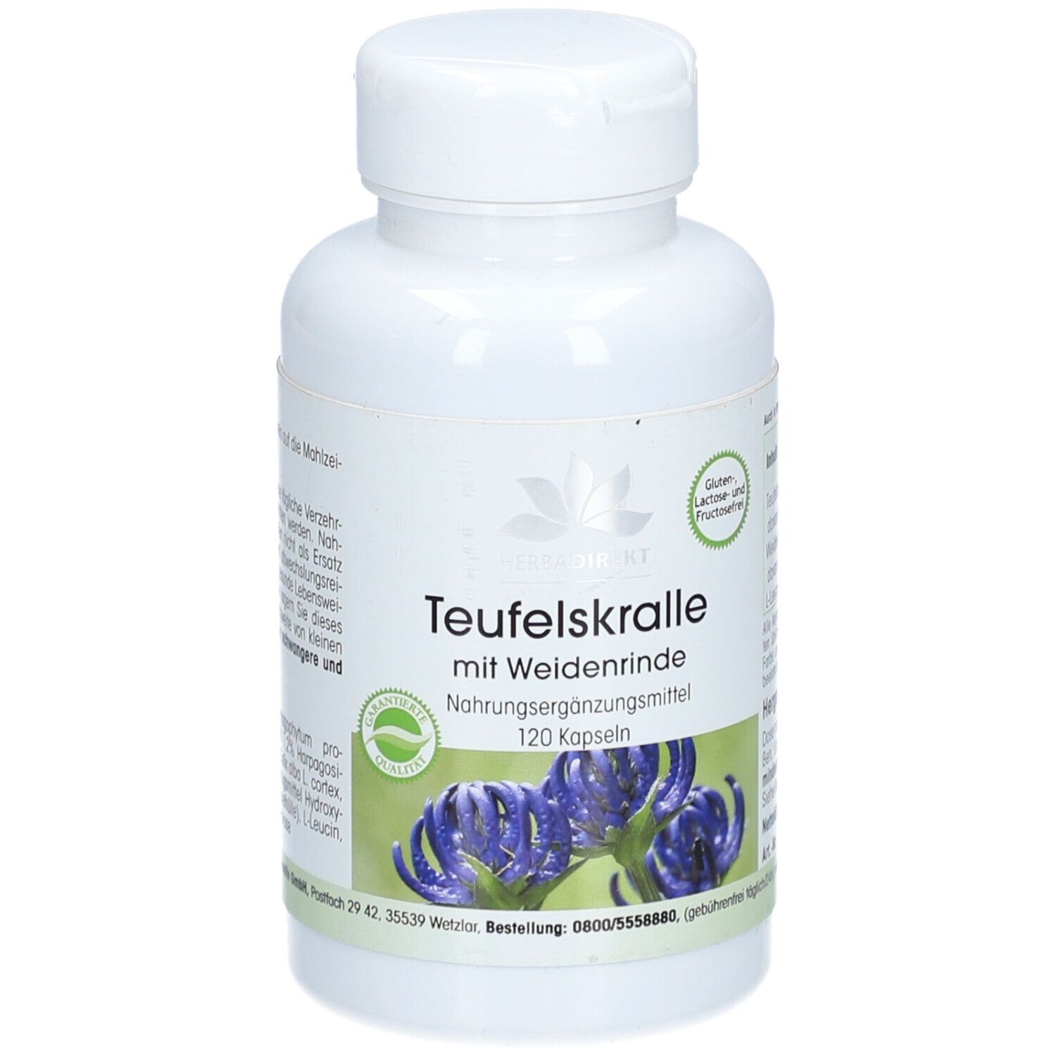 Flacone bianco con capsule. Scritta: Teufelskralle mit Weidenrinde. 120 capsule. Senza glutine, lattosio e fruttosio.