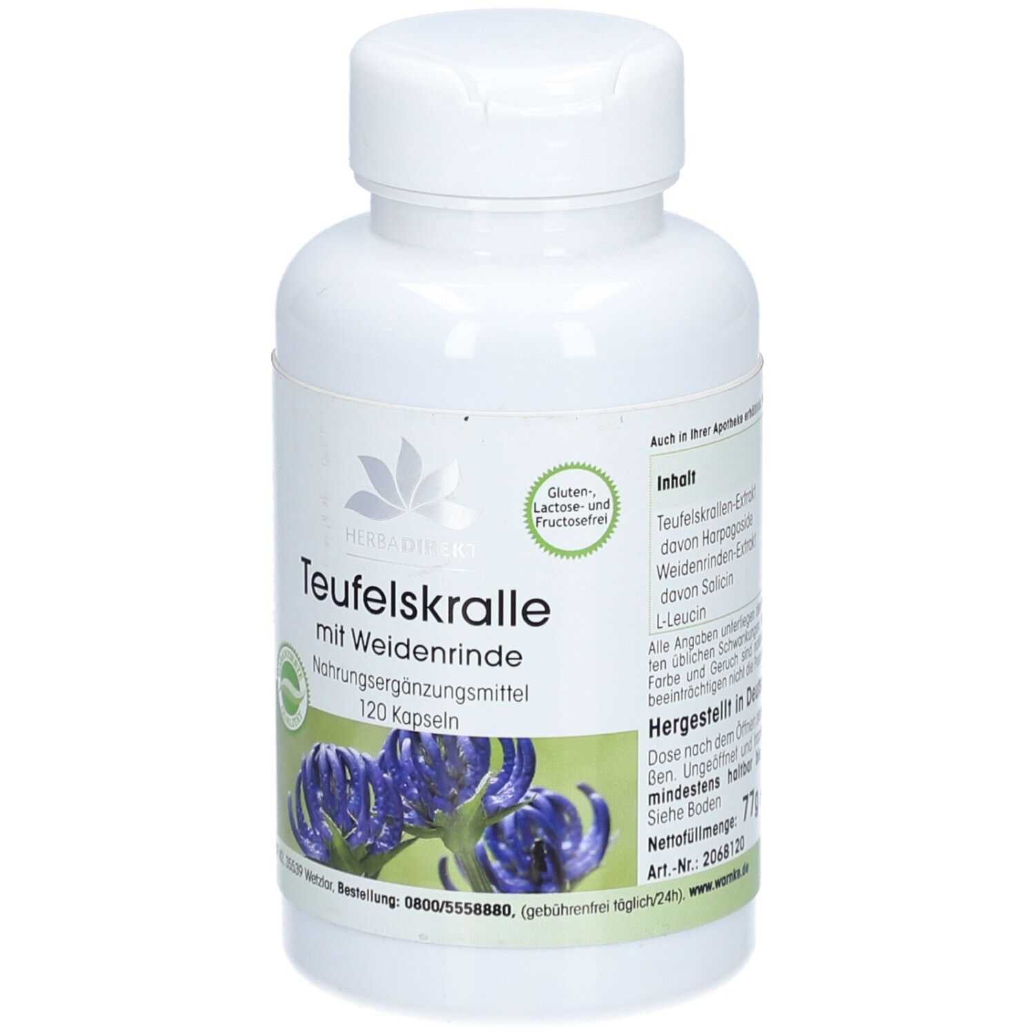 Flacone bianco con capsule. Scritta: Teufelskralle mit Weidenrinde. 120 capsule. Senza glutine, lattosio e fruttosio.