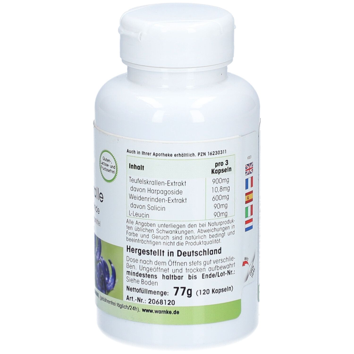 Retro del flacone. Testo: Contenuto, ingredienti, per 3 capsule. Made in Germany. 77g (120 capsule).