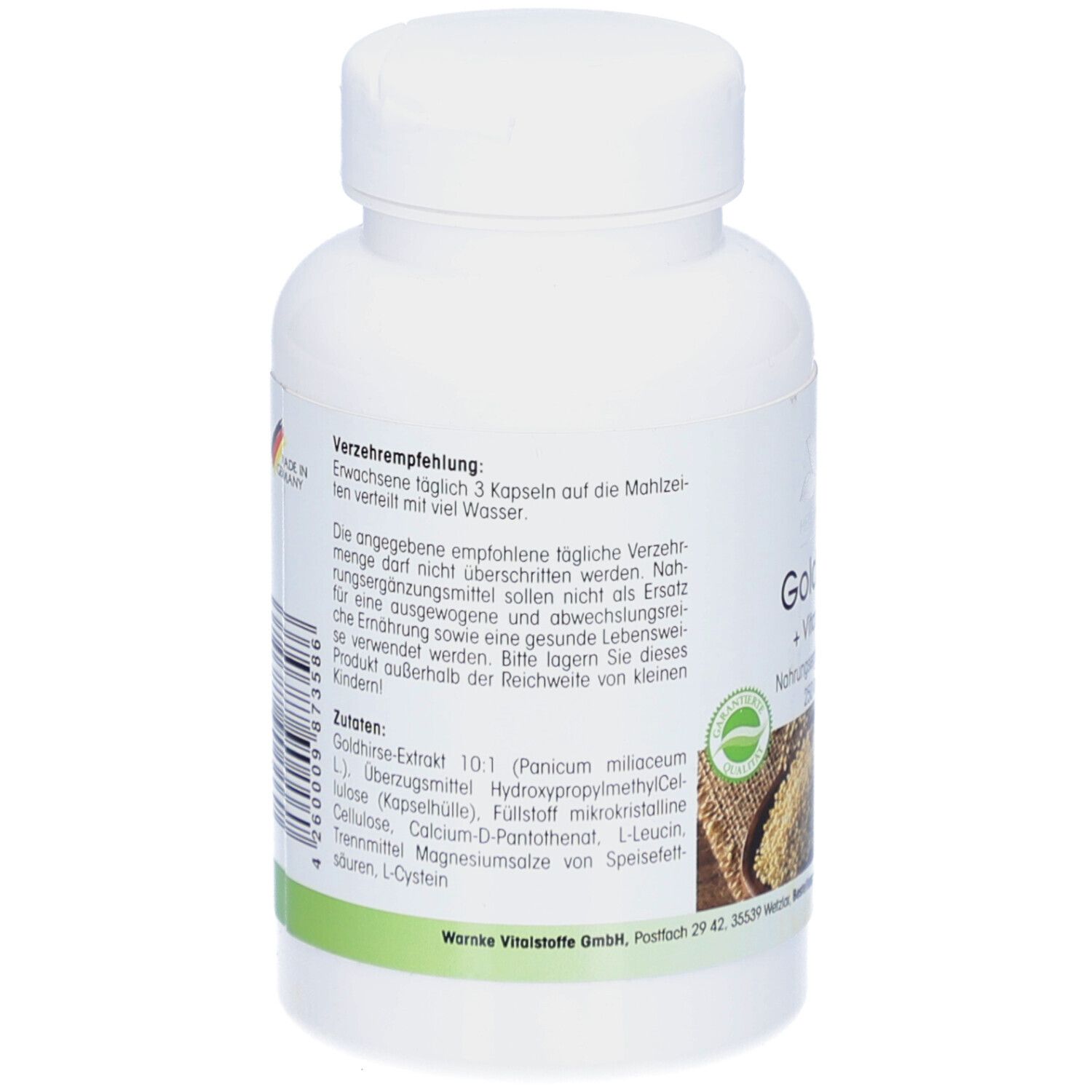 Retro del flacone bianco. Testo: Raccomandazioni per l'uso. Ingredienti. Logo: prodotto naturale. Senza glutine, lattosio e fruttosio. Codice a barre.