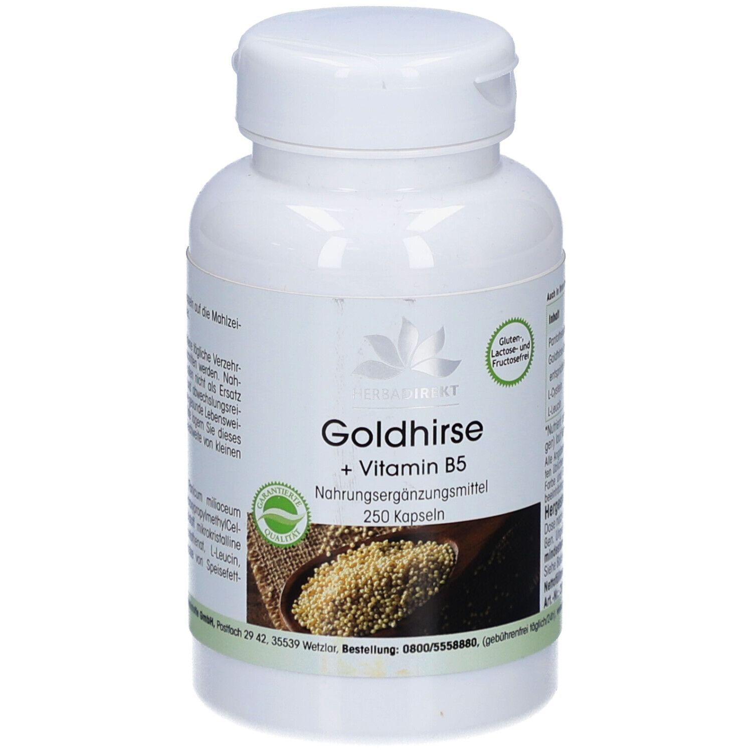 Flacone bianco di capsule. Scritta: Goldhirse + Vitamina B5. 250 capsule. Logo: prodotto naturale. Senza glutine, lattosio e fruttosio. Ingredienti.