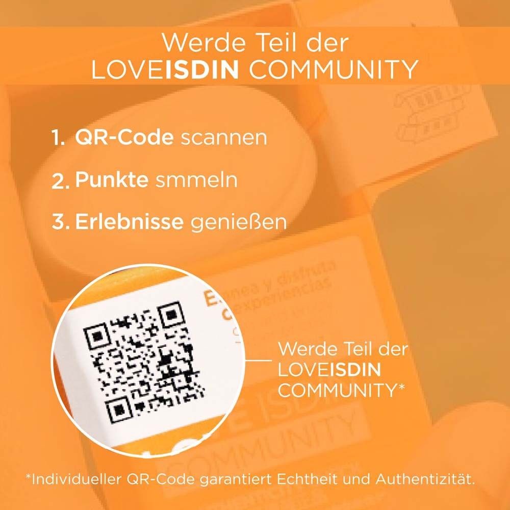 Codice QR in confezione arancione. Testo: Entra nella LOVEISDIN COMMUNITY. 1. Scansiona il codice QR.