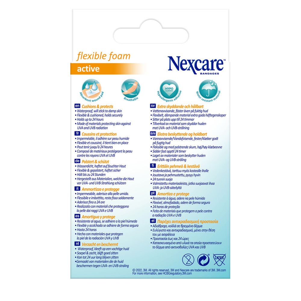 Retro della confezione. Informazioni sui cerotti Nexcare Flexible Foam Active. Multilingue.