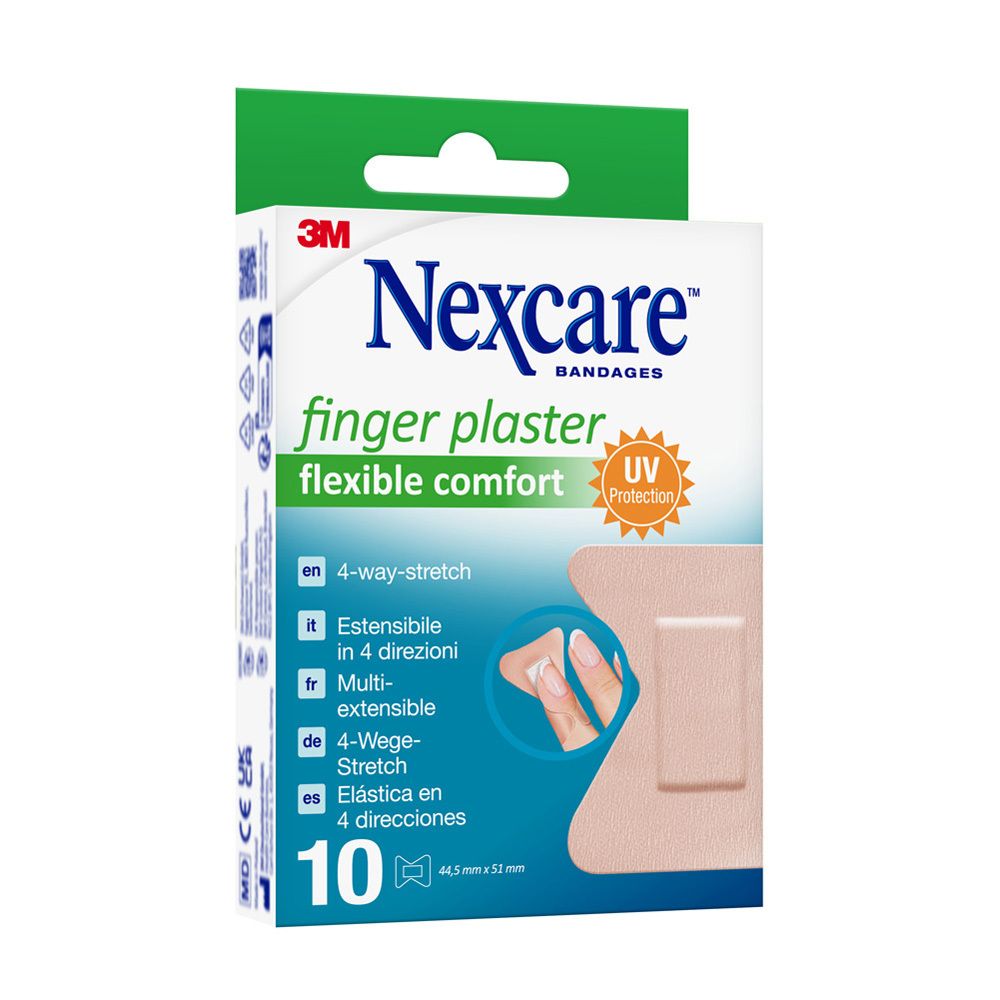 Confezione di cerotti per dita Nexcare. 10 pezzi. Flessibili. Protezione UV. Dimensioni: 44,5 x 51 mm.