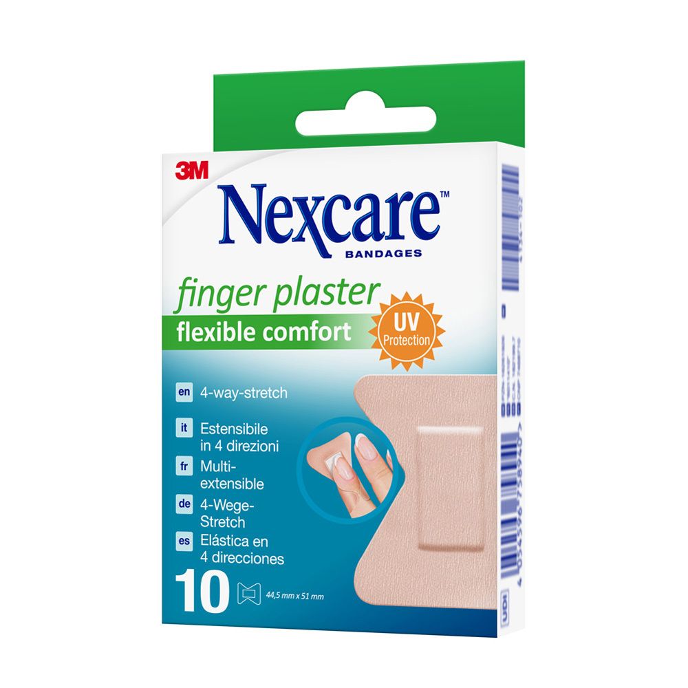 Confezione di cerotti per dita Nexcare. 10 pezzi. Flessibili. Protezione UV. Dimensioni: 44,5 x 51 mm.