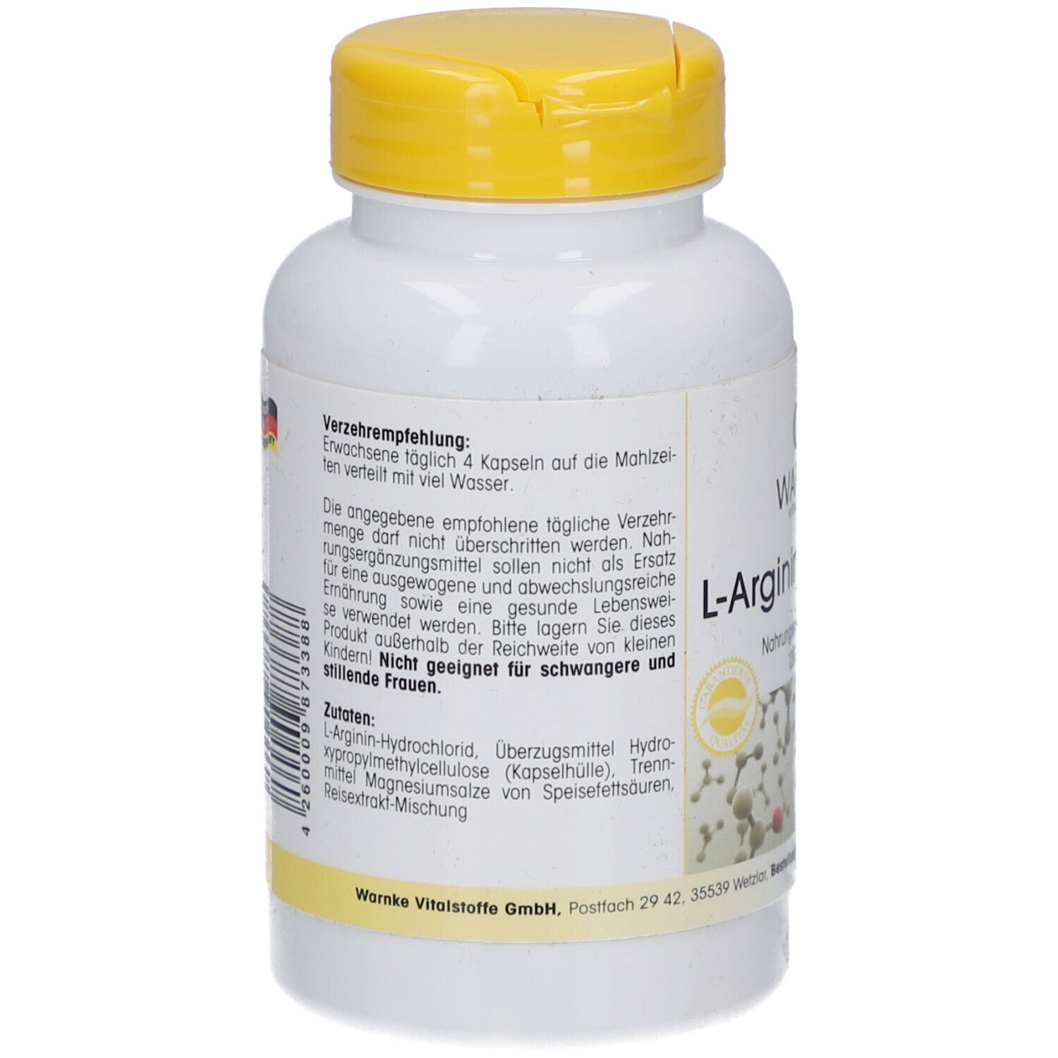 Retro del flacone bianco con tappo giallo. Testo: Raccomandazioni per l'uso, ingredienti, Warnke Vitalstoffe GmbH.