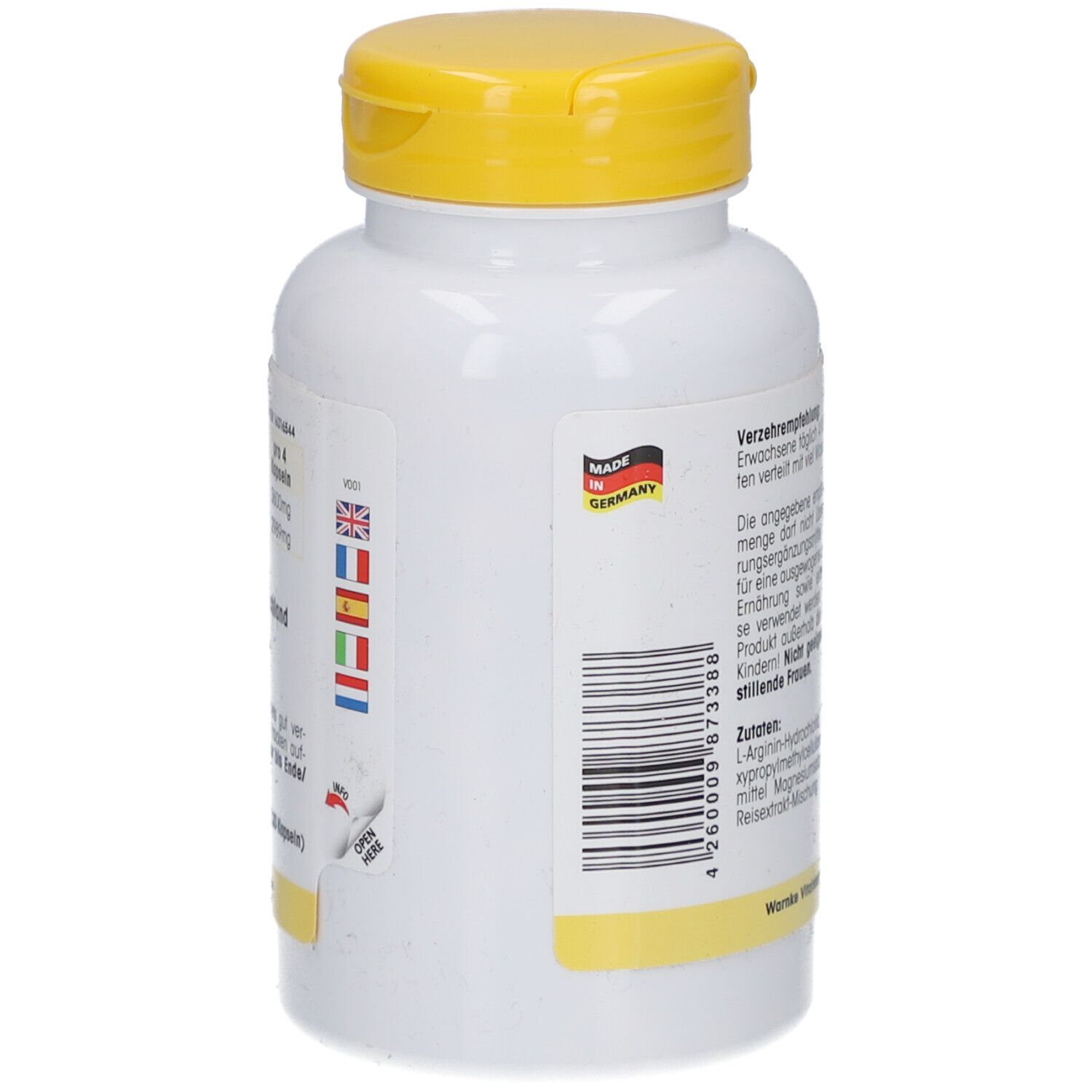 Flacone bianco con tappo giallo. Adesivo con bandiere: Germania, Regno Unito, Francia, Italia, Spagna, Paesi Bassi.