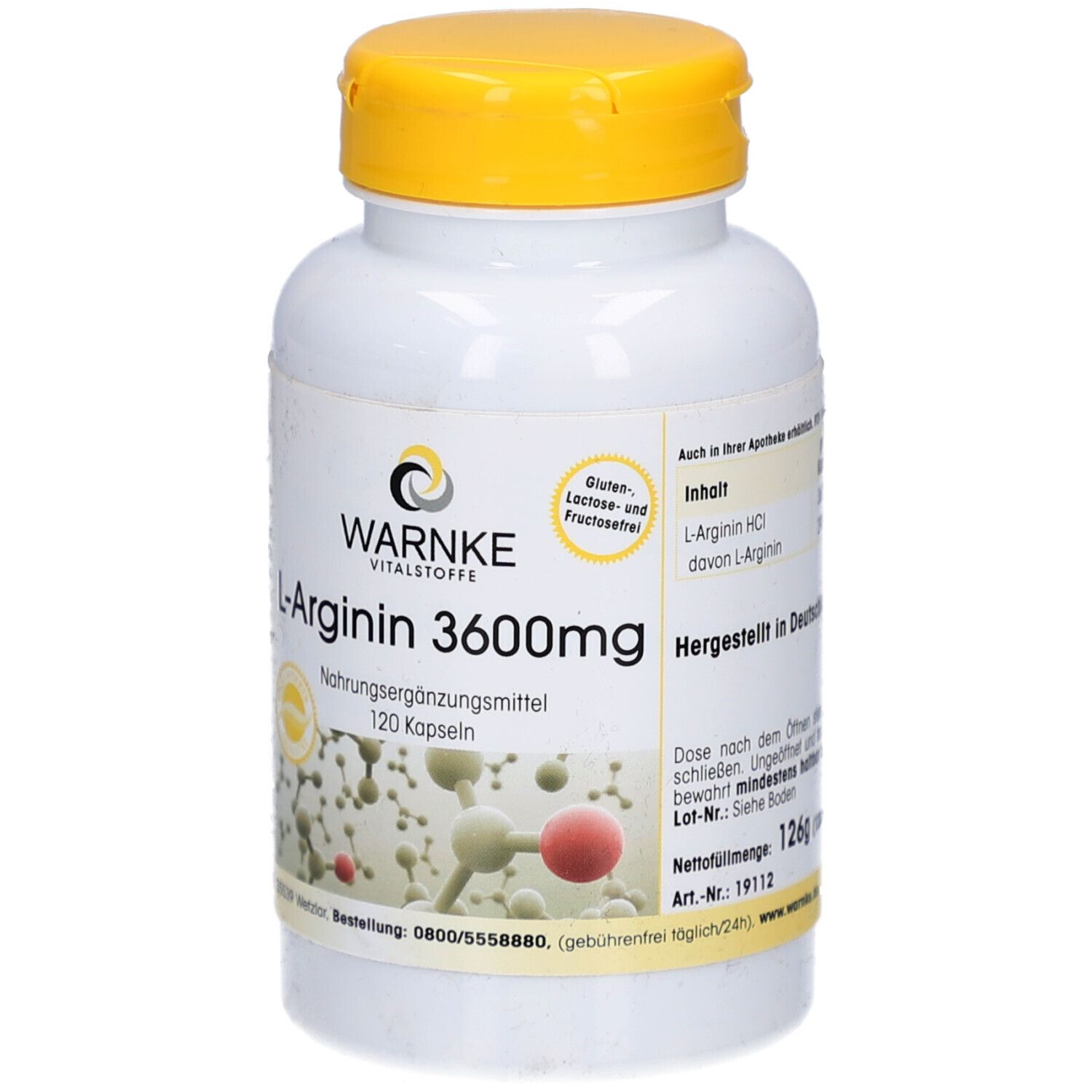 Flacone bianco con tappo giallo. Scritta: WARNKE L-Arginina 3600mg, 120 capsule. Logo e informazioni sul prodotto.