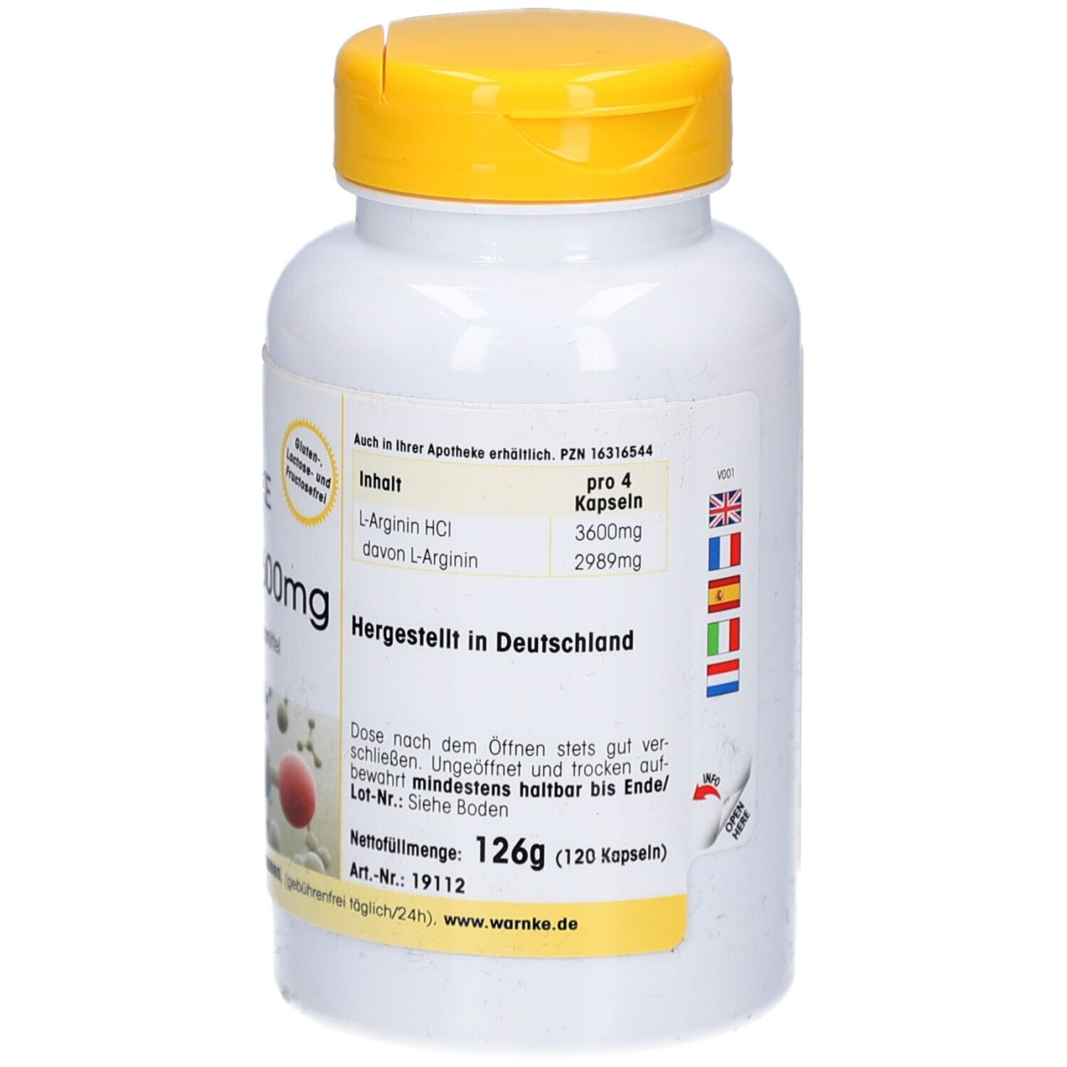 Flacone bianco con tappo giallo. Scritta: WARNKE L-Arginina 3600mg, 120 capsule. Logo e informazioni sul prodotto.