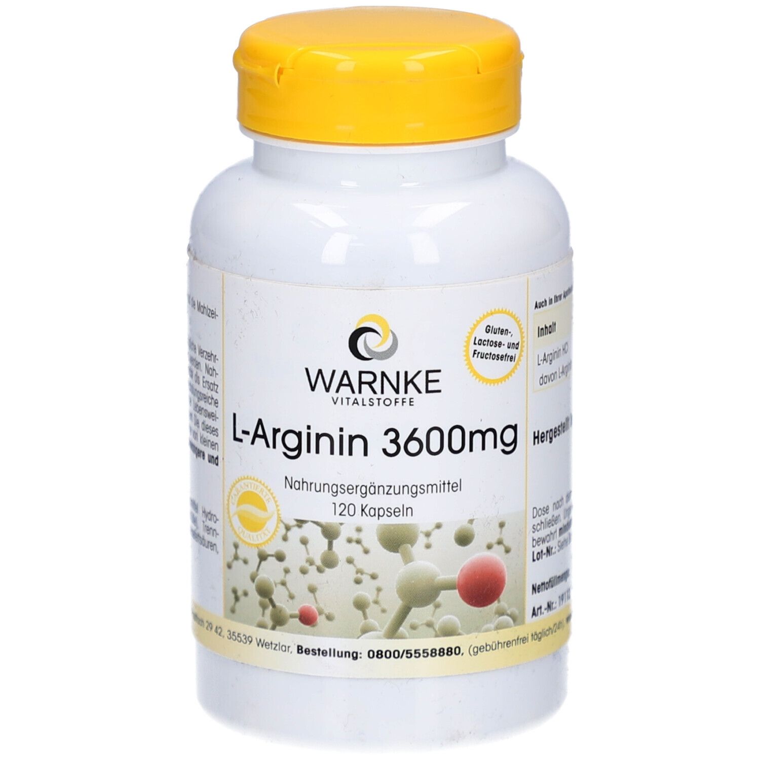 Flacone bianco con tappo giallo. Scritta: WARNKE L-Arginina 3600mg, 120 capsule. Logo e informazioni sul prodotto.