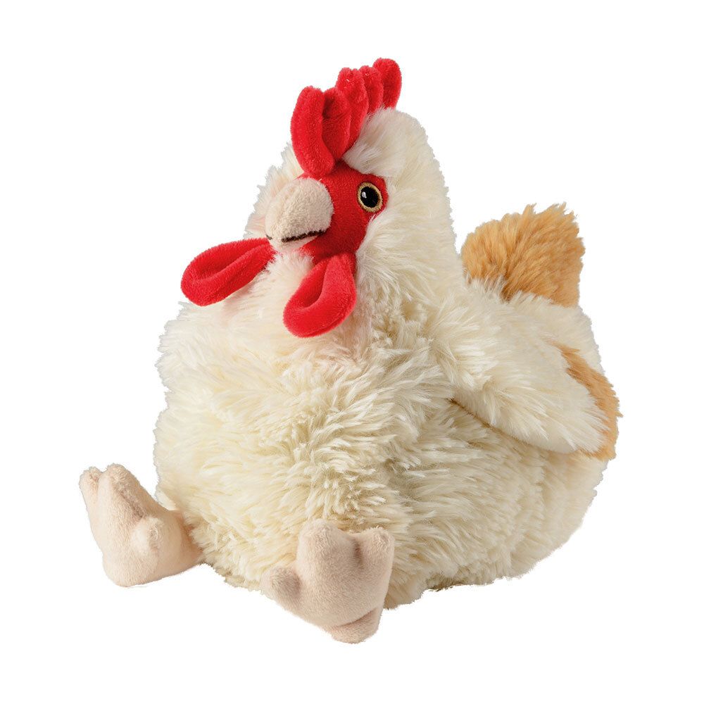 Peluche gallina, piumaggio bianco, cresta e bargigli rossi, accenti marroni. Posizione sdraiata, sguardo in avanti.