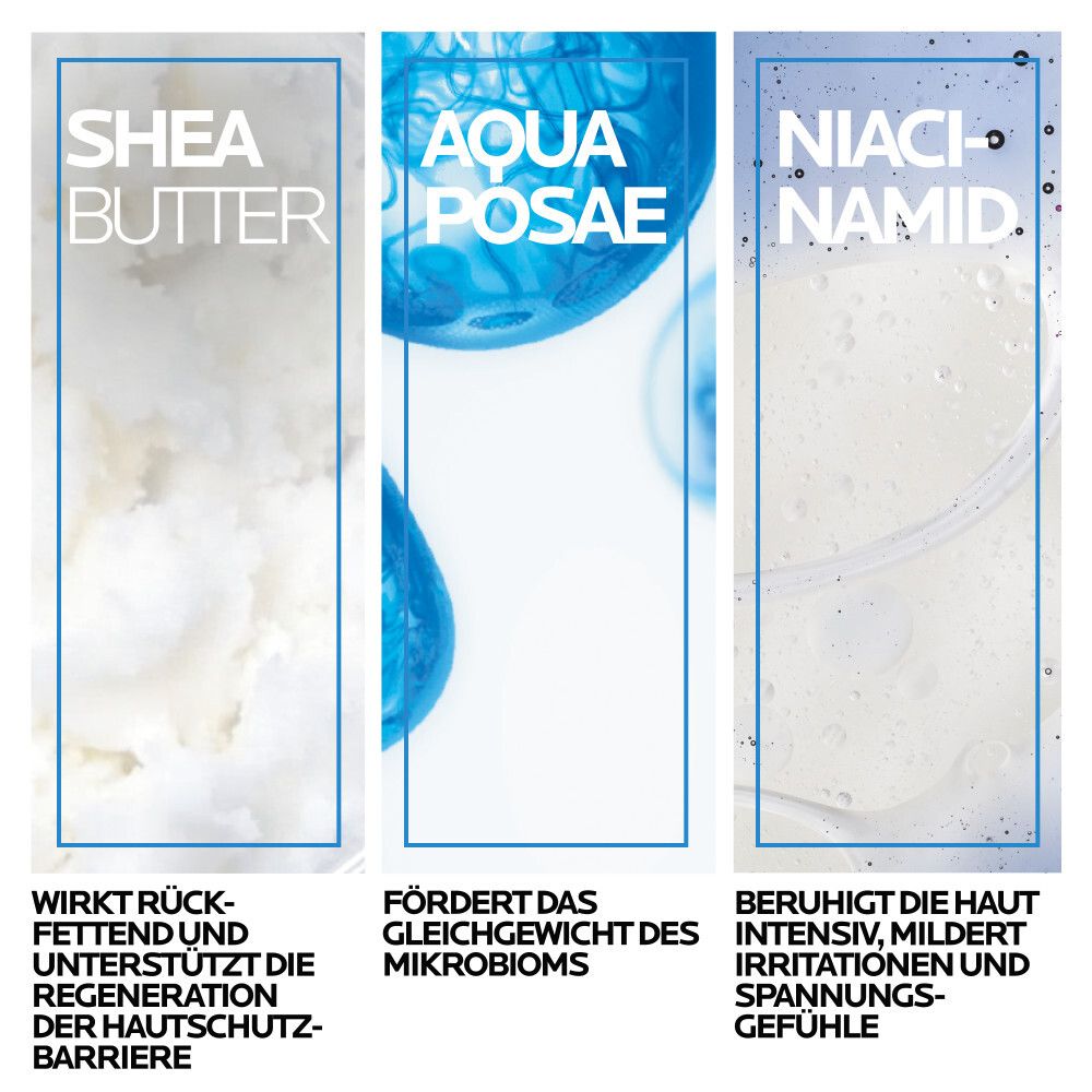 Tre riquadri di testo: Burro di karité, Aqua Posae, Niacinamide. Descrizioni: relipidante, microbioma, lenisce la pelle. Cornici blu.