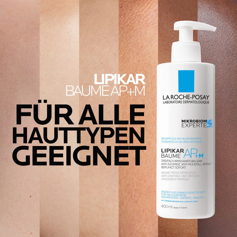 Flacone La Roche-Posay LIPIKAR Baume AP+M. Adatto a tutti i tipi di pelle. Diversi colori della pelle sullo sfondo.