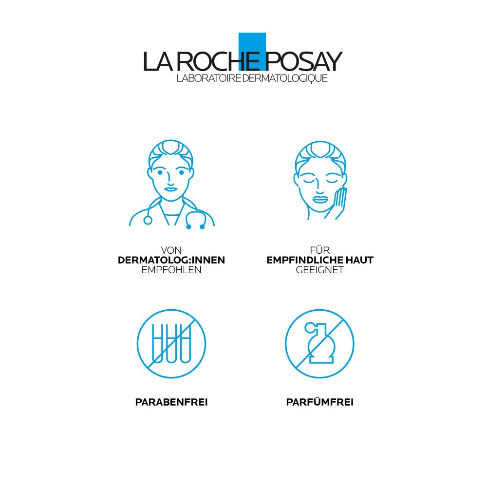Simboli: Raccomandato dai dermatologi, adatto alle pelli sensibili, senza parabeni, senza profumo. Logo La Roche-Posay.