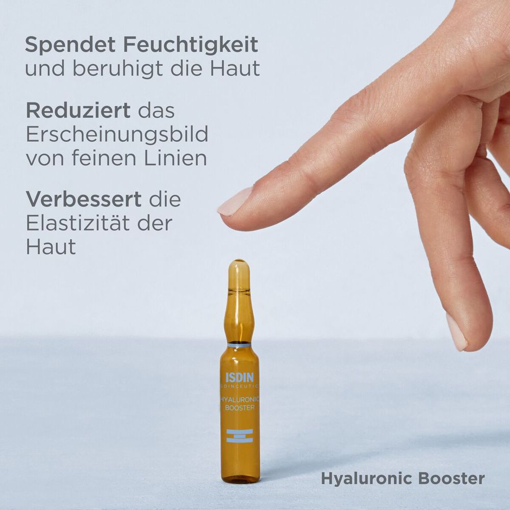 Fiala di ISDINCEUTICS Hyaluronic Booster. Testo: Idrata, riduce le rughe, migliora l'elasticità.