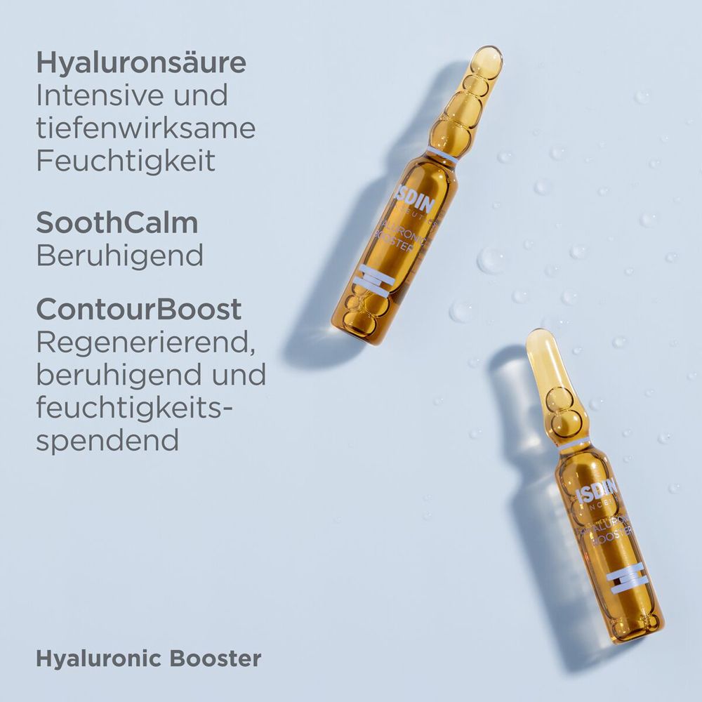 Due fiale di ISDINCEUTICS Hyaluronic Booster. Testo: Acido ialuronico, SoothCalm, ContourBoost.