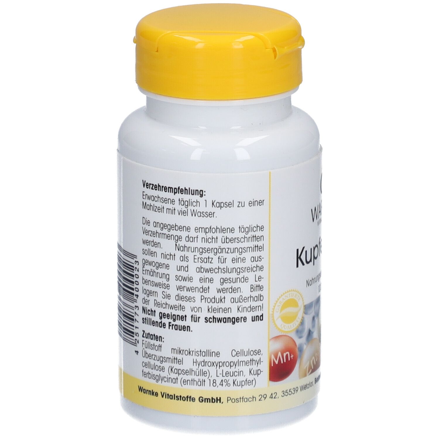 Retro del flacone bianco con tappo giallo. Testo: Raccomandazioni d'uso, ingredienti. Warnke Vitalstoffe GmbH. Codice a barre e avvertenze.