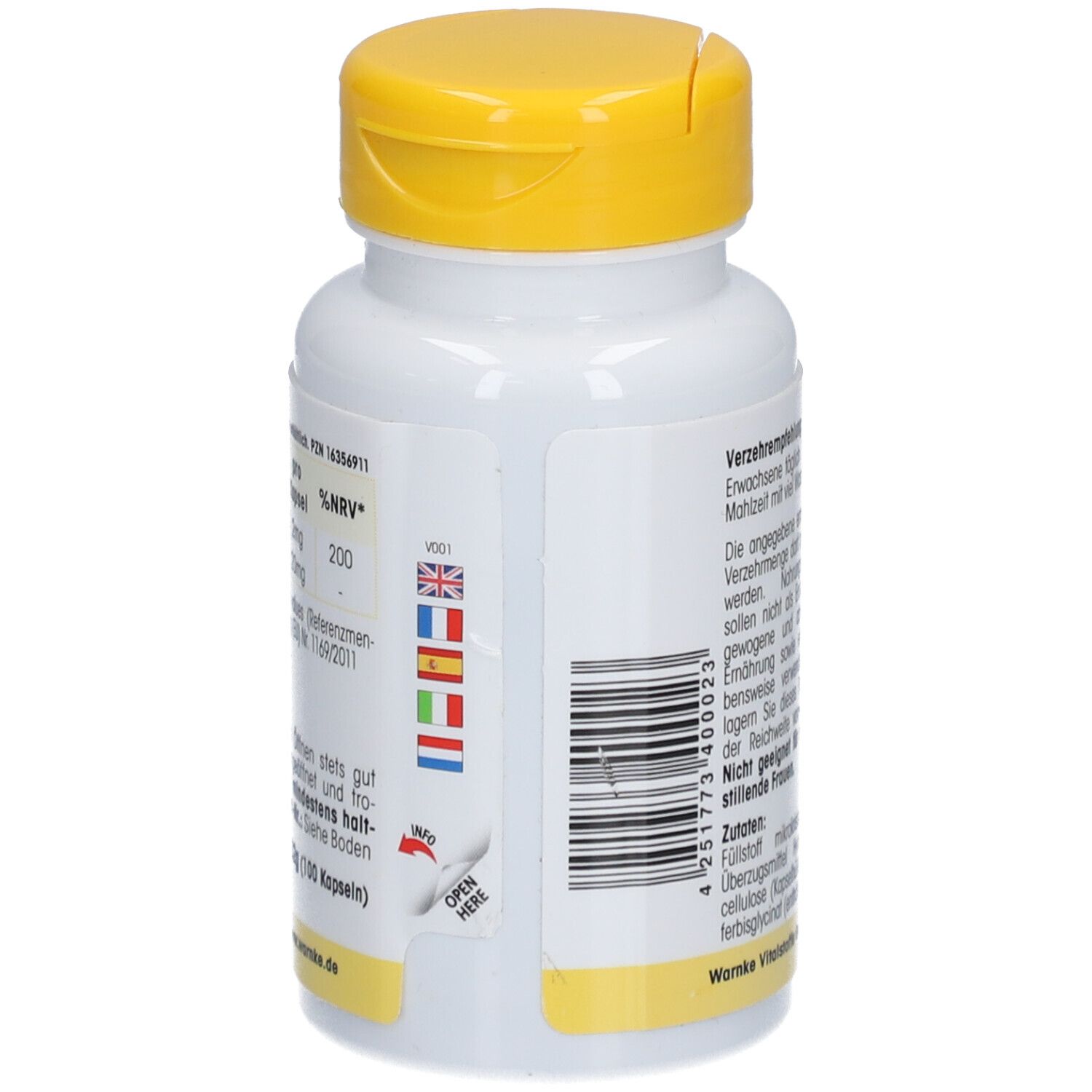 Retro del flacone bianco con tappo giallo. Testo: %VNR, avvertenze. Codice a barre e bandiere di diversi paesi.