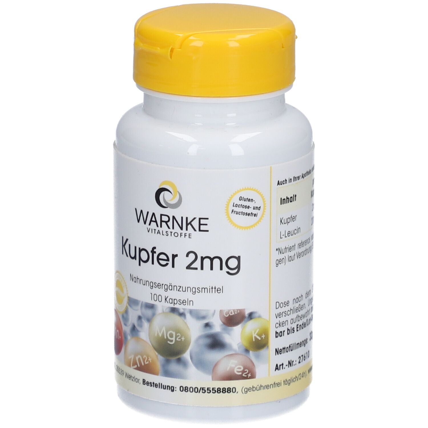 Flacone bianco con tappo giallo. Scritta: Warnke Vitalstoffe Kupfer 2mg. Integratore alimentare. 100 capsule. Contiene minerali.