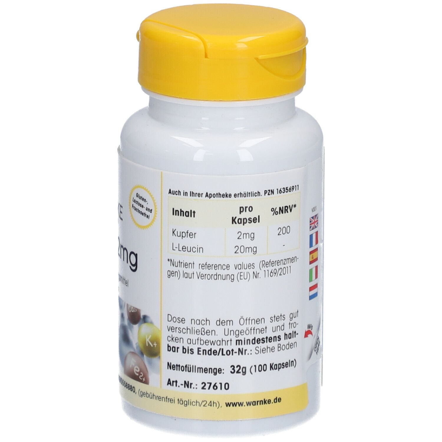 Retro del flacone bianco con tappo giallo. Testo: Rame 2mg, L-Leucina. Informazioni nutrizionali. Peso netto 32g (100 capsule).