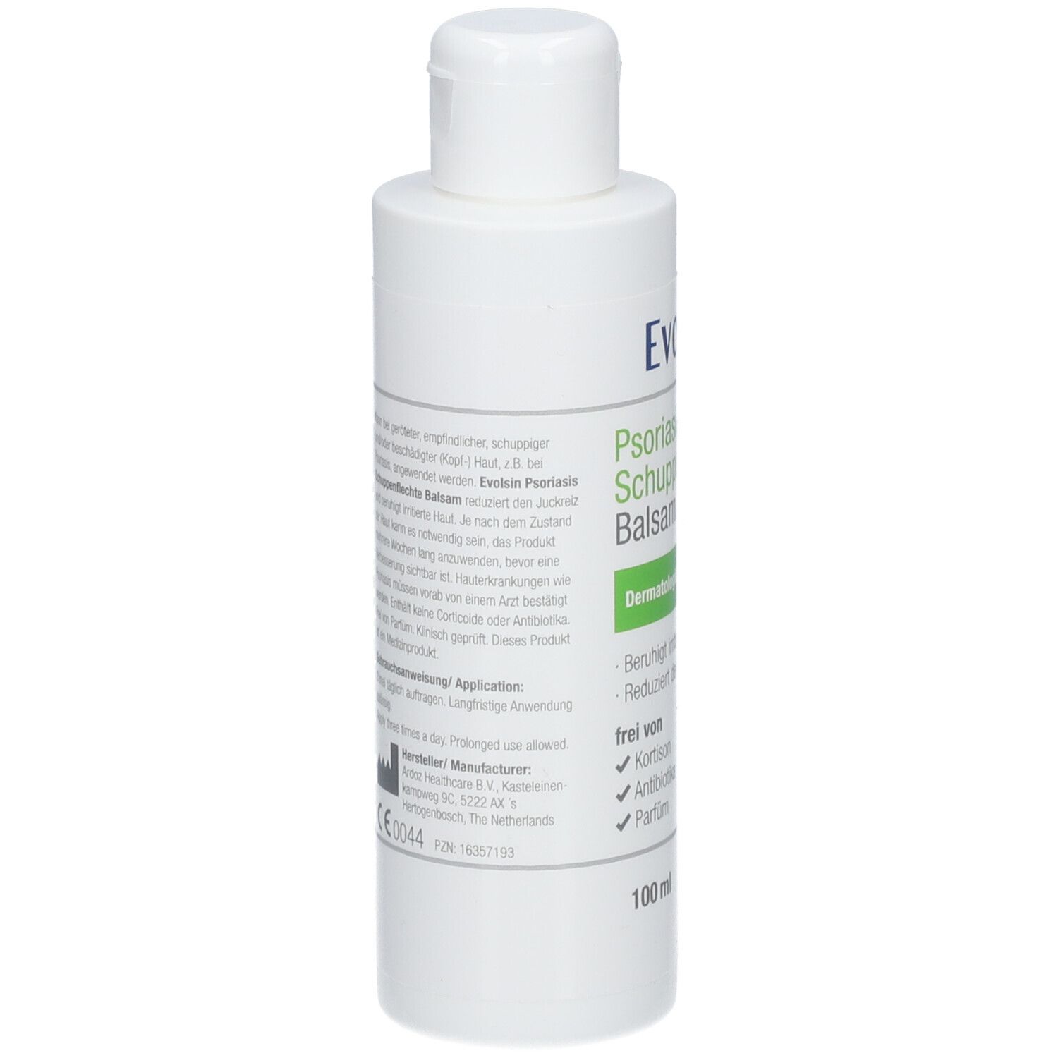 Flacone di balsamo Evolsin Psoriasis, retro con marcatura CE.