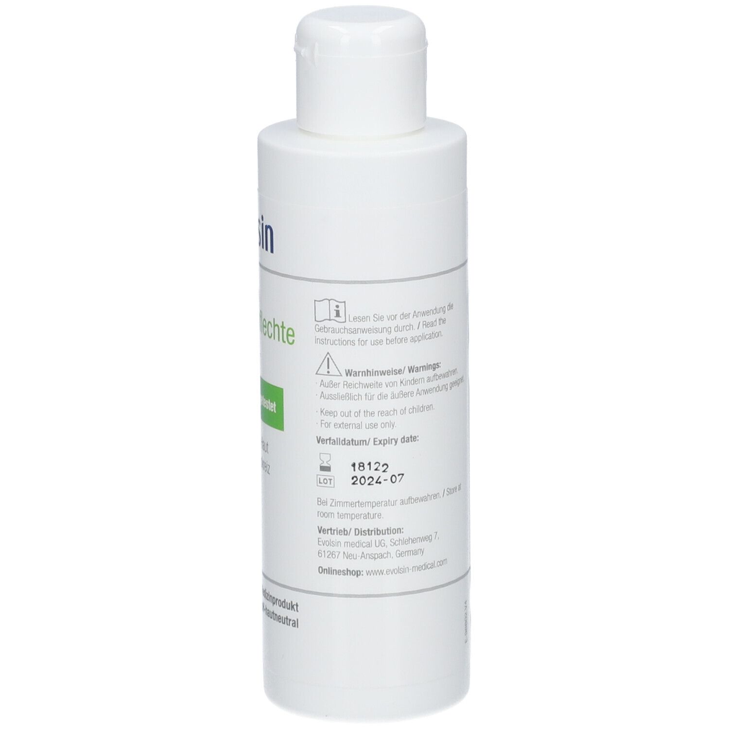 Flacone di balsamo Evolsin Psoriasis, retro con avvertenze.