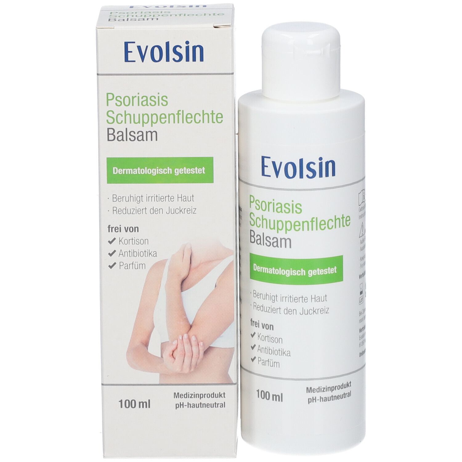 Scatola di balsamo Evolsin Psoriasis, fronte con illustrazione.