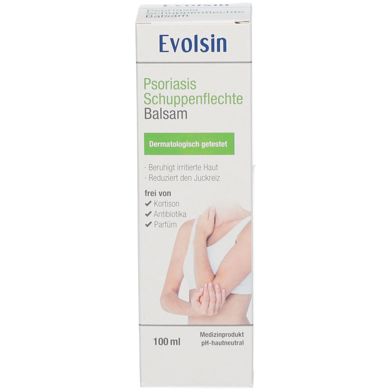Scatola di balsamo Evolsin Psoriasis, fronte con illustrazione e testo.