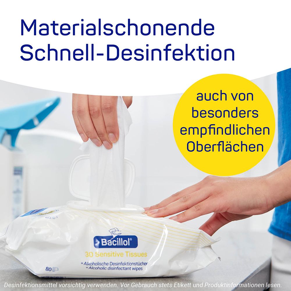 Persona che estrae una salvietta da una confezione. Scritta: Bacillol 30 Sensitive Tissues. Disinfezione rapida e delicata sui materiali.