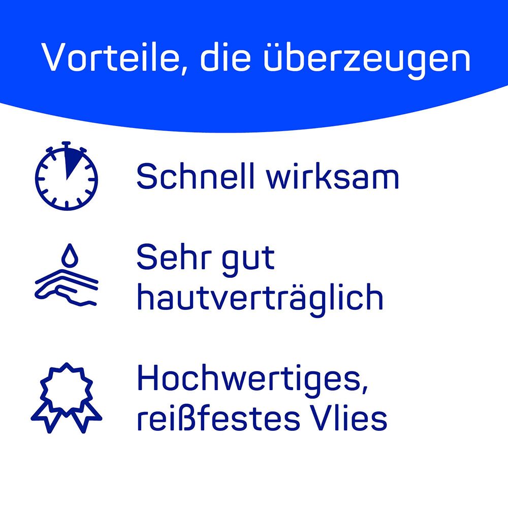 Tre icone: orologio, mano, stella. Testo: Azione rapida, Ottima tollerabilità cutanea, Tessuto non tessuto di alta qualità e resistente.