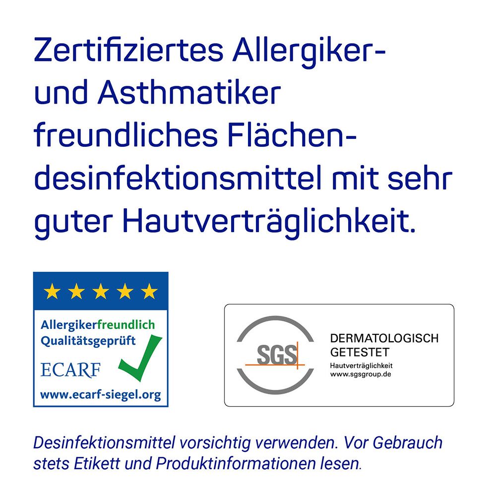 Certificazioni: ECARF, SGS. Testo: Disinfettante per superfici certificato per allergici e asmatici, con ottima tollerabilità cutanea.