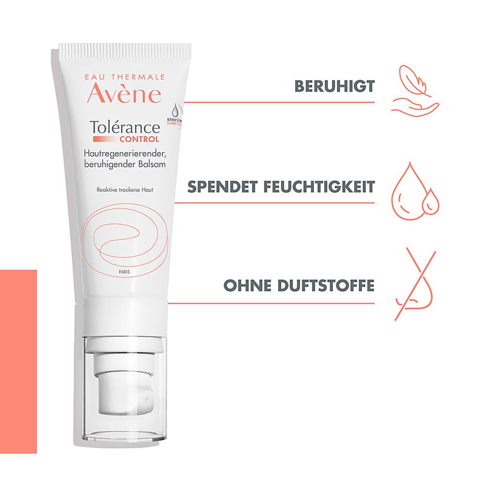 Tubo Avène Tolérance Control. Testo: Lenisce, idrata. 99% ingredienti di origine naturale. Senza profumo.