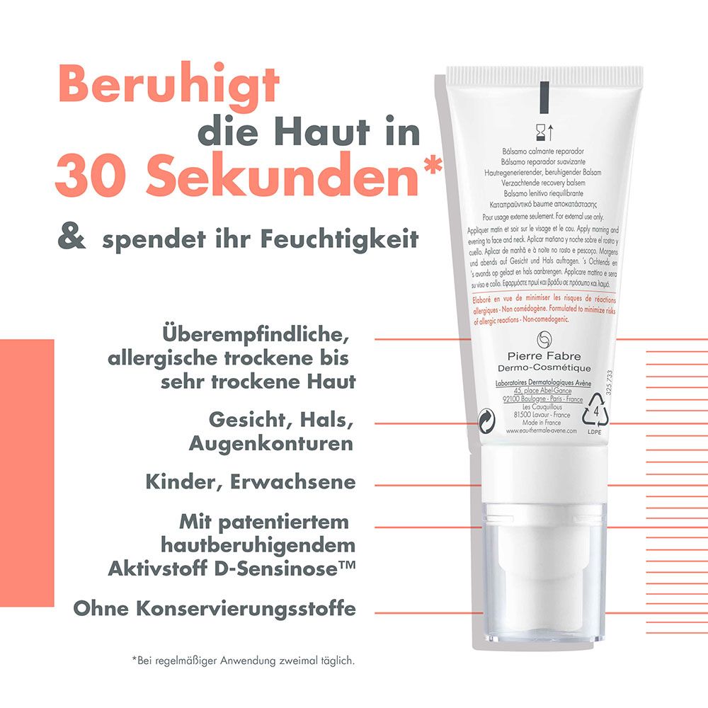 Retro del tubo Avène Tolérance Control. Testo: Lenisce la pelle in 30 secondi. Per pelli ipersensibili, allergiche.