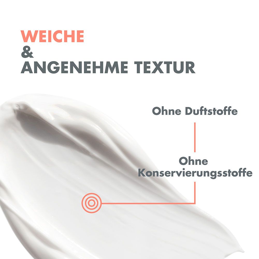 Texture crema morbida. Testo: Senza profumo, senza conservanti. Cerchio rosso.