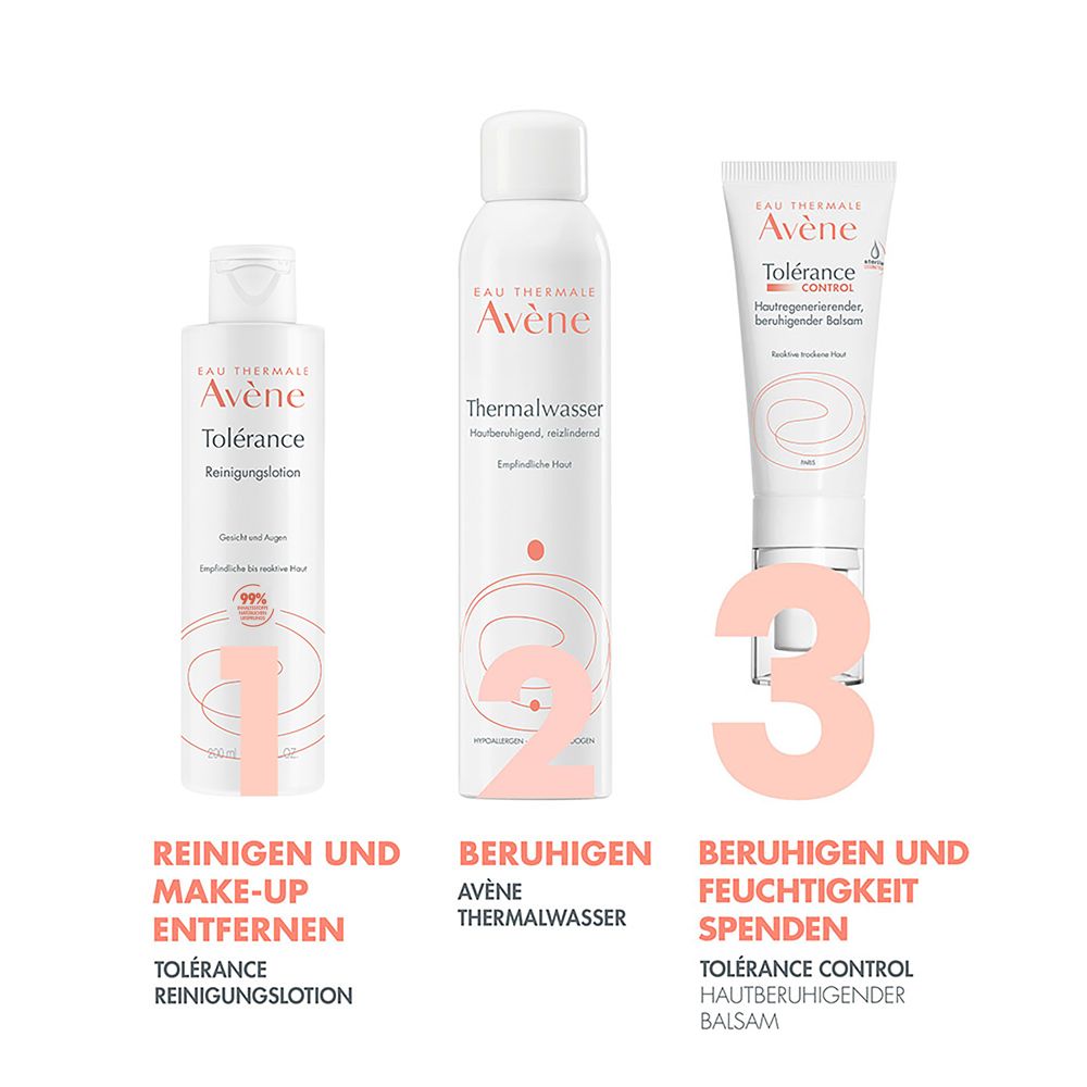 Quattro prodotti Avène: Lozione detergente, acqua termale, balsamo Tolérance Control, maschera Antirougeurs. Detergere, lenire, idratare, lenire intensamente.