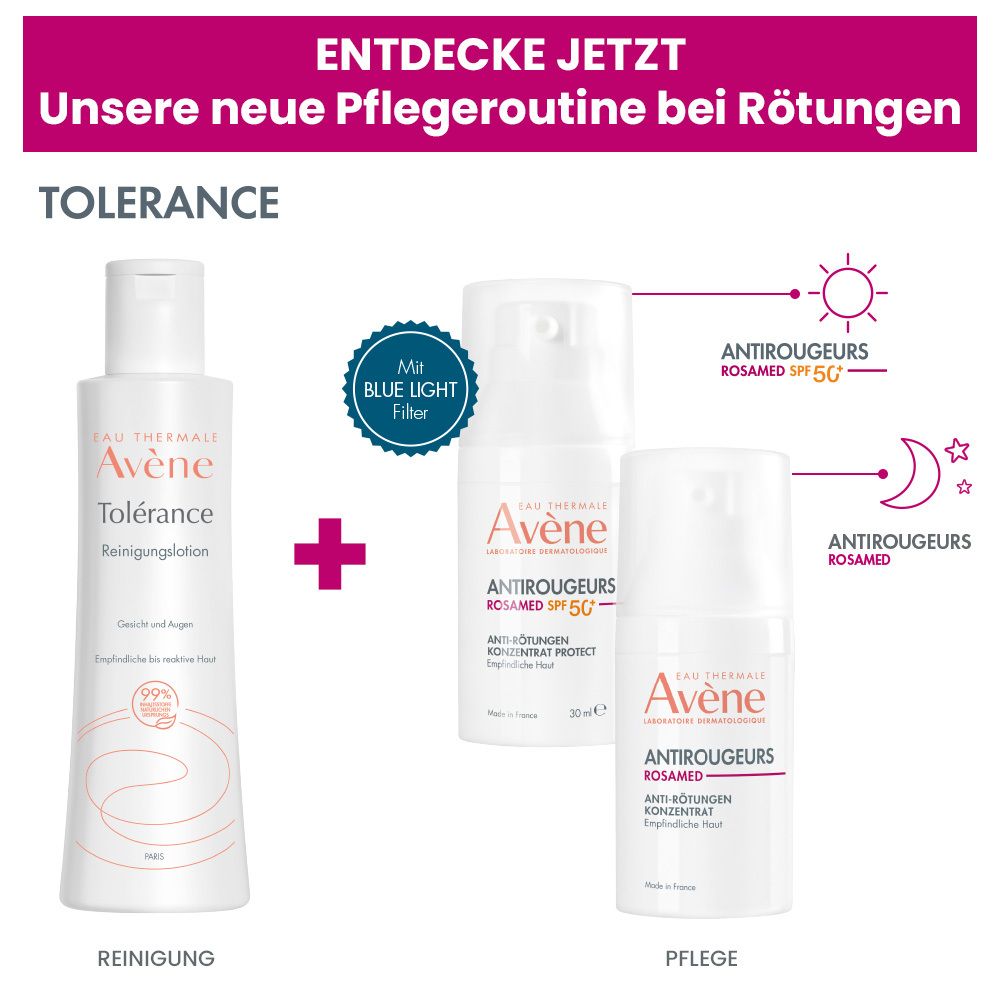 Detergente Avene Tolerance e due prodotti anti-rossore, uno con SPF 50.