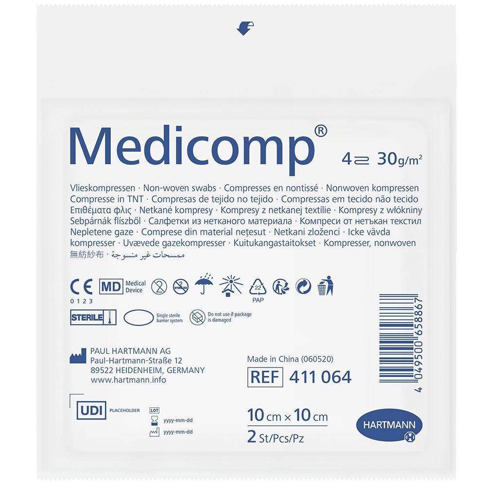 Confezione singola di compresse Medicomp®, sterile. Dimensione 10x10 cm. Informazioni prodotto.
