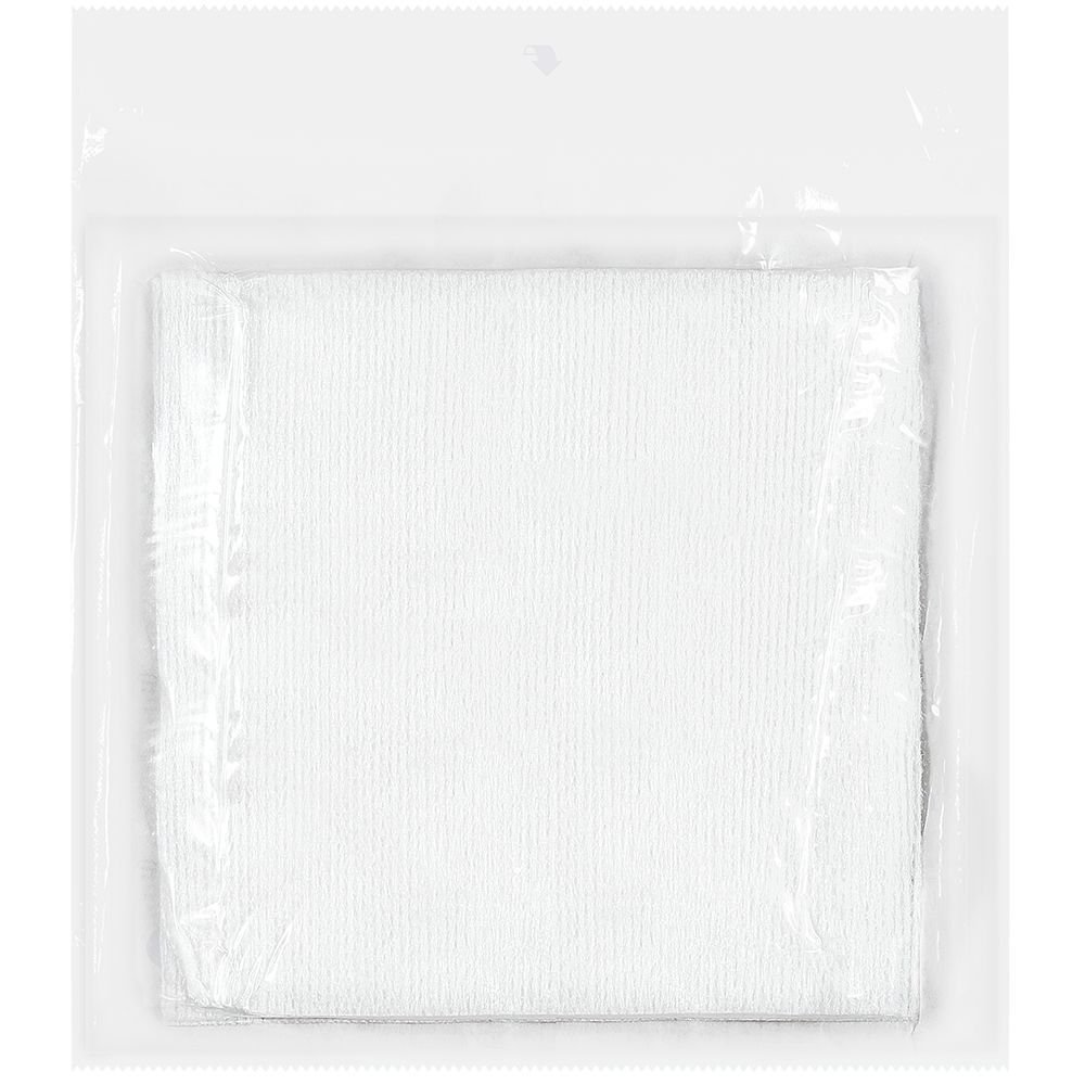Compressa sterile in tessuto non tessuto, confezionata singolarmente. Quadrata, bianca, in film trasparente.